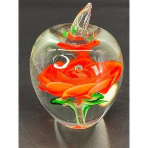 Red Rose Art Glass Apple Flower Paperweight Bubbles Hand Blown